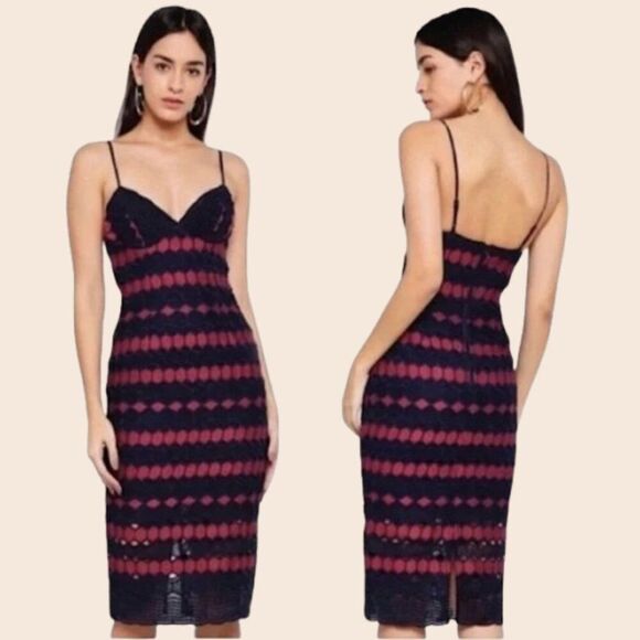Bardot Navy & Mauve Diamond Lace Bodycon Dress Size 4 NWT - Picture 1 of 14